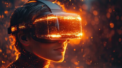 Experiencing virtual reality with bright orange lights, a businessman in a futuristic VR headset suggests powerful immersion.