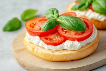 Italian bruschetta with fresh basil tomato and creamy cheese on crispy bread served as gourmet Mediterranean appetizer on wooden board