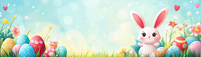 Obraz premium Easter Background Cute Rabbit and Egg Space For Text, cheerful Easter background featuring cute bunny, colorful eggs, and vibrant flowers in sunny meadow, evoking joy and celebration