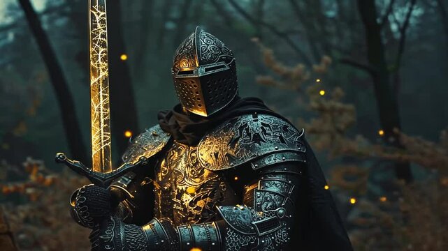 Schwarzer Ritter mit gl&auml;nzender R&uuml;stung im dunklen Nebel