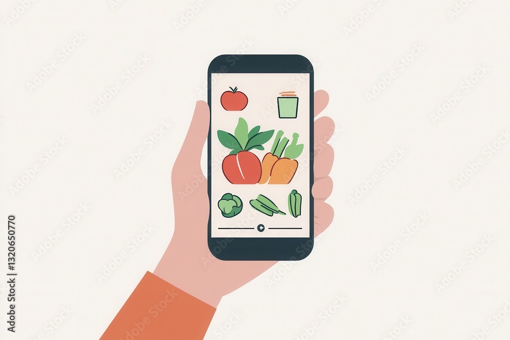 Aufkleber hand holding smartphone displaying a modern app with fresh grocery items in vibrant colors and smoot