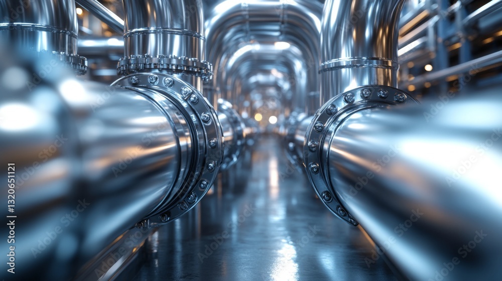 Poster a close-up view of polished aluminum and steel pipes in a modern manufacturing plant reflects advanc