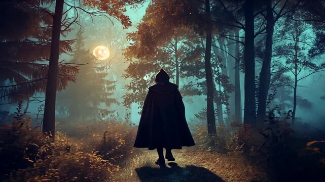 Vermummter Wanderer durchquert einen rot gef&auml;rbten Zauberwald