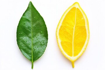 Green leaf and its yellow negative counterpart placed symmetrically on a clean white background for an artistic and conceptual nature theme