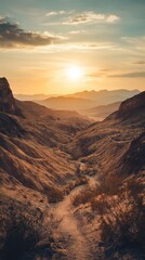 Fototapeta premium A majestic sunset unfolds over rugged mountain landscapes. Soft rays illuminate the serene valley. Nature reveals its stunning beauty every day. Generative AI