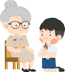 Boy is paying respect to the teacher cartoon