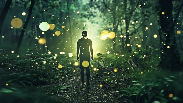 Junge Gestalt l&auml;uft durch einen Wald voller schwebender Lichter