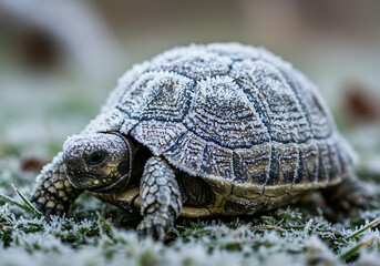 Obraz premium Tortoise with Frost on Shell in Snow