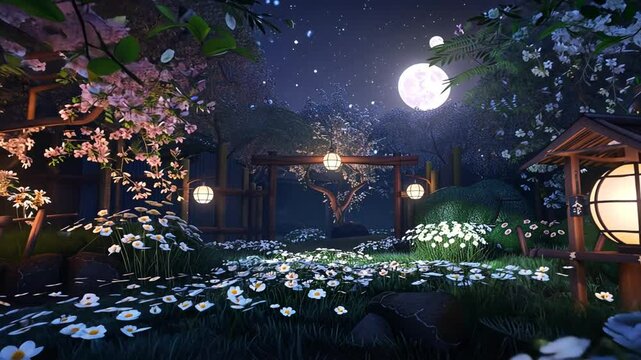 Verzauberte Nachtlandschaft mit schimmerndem Mond &uuml;ber mystischem Haus