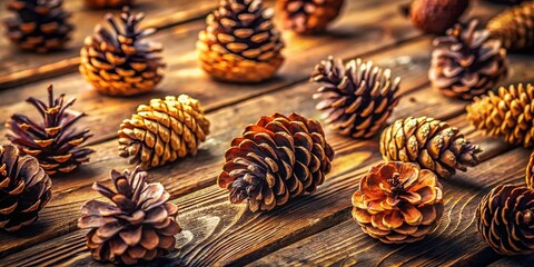 Fototapeta premium Aerial View of Pine Cones on Rustic Wooden Table