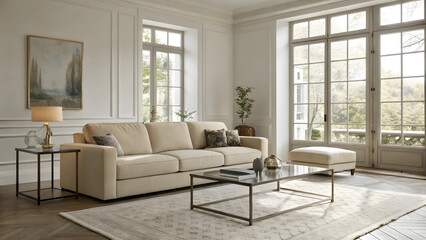 Minimal living room design urban apartment interior photography modern environment wide-angle view cozy concept