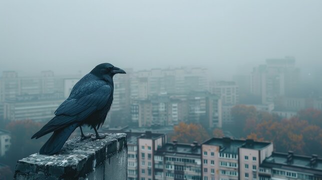 A solitary crow perches on a rooftop edge overlooking a foggy cityscape. Urban environment shrouded in mist, creating a mysterious atmosphere.