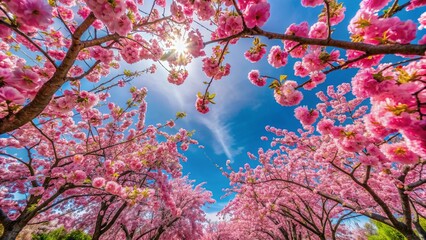 Aerial View of Pink Blossoming Trees in Spring, Beautiful Sky