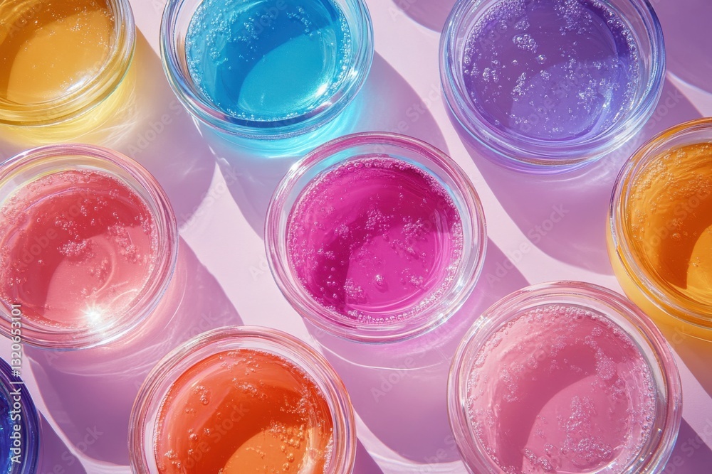 Poster colorful gel jars arranged on a surface creating an artistic display in bright sunlight