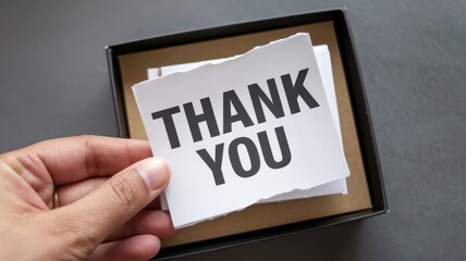 A Hand Holding a 'Thank You' Note From a Box