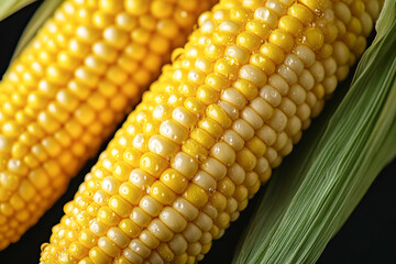 Freshly harvested corn glistens with water drops in striking close-up on a dark background
