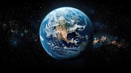 Naklejka premium Earth is stunning blue planet in space, surrounded by stars and galaxies, showcasing its beauty and uniqueness