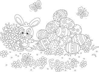 Greeting card with a happy Easter bunny holding a bouquet of spring flowers and celebratory painted gift eggs with small butterflies flying merrily around, vector cartoon illustration