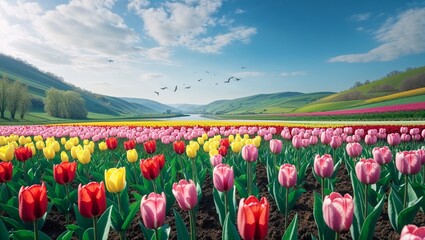 のどかな丘陵に広がる春のチューリップ畑