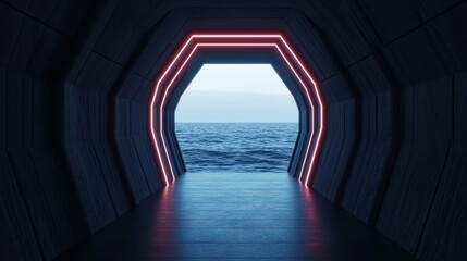 Futuristic Passageway with Neon Lights Overlooking Calm Ocean Waters at Dusk