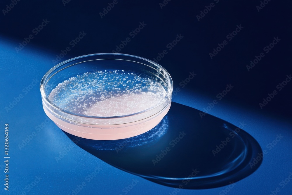 Poster delicate crystal formations in a shallow dish reflecting soft light on a blue surface