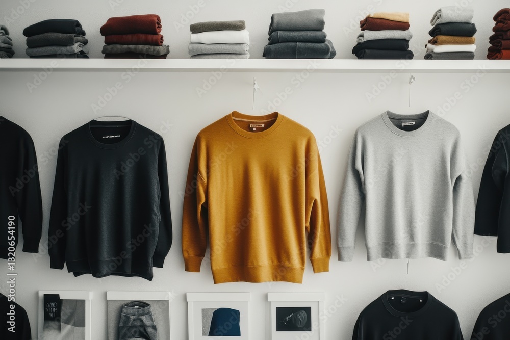 Poster Showcasing a minimalist clothing display with neatly arranged sweaters on hangers and shelves, creating a stylish shopping atmosphere