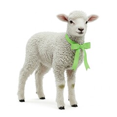 Obraz premium cute white lamb with green bow on white background easter spring