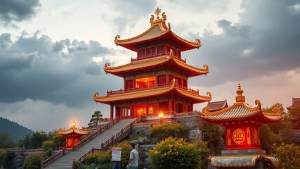 Obraz premium Elegant pagoda tower nestled in a beautiful park setting surrounded by trees and calm atmosphere