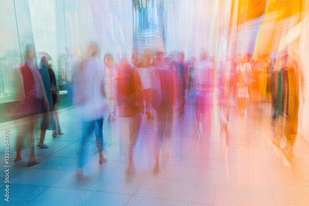 Fototapete Crowd moving through a vibrant urban setting with colorful reflections and dynamic energy during daylight