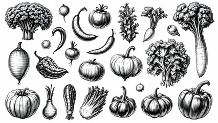 Black and white fruits and vegetables detailed illustrated on white background