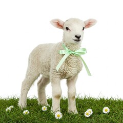 Fototapeta premium cute white lamb with green bow in a field of daisies