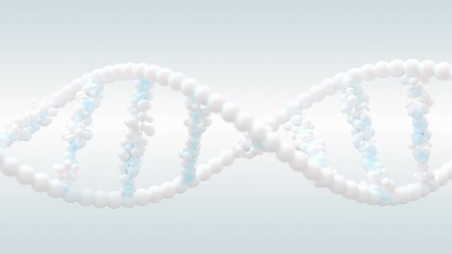DNA molecule from particles. Assembled into DNA has soft white,blue on white background and green screen. can be used in science or cosmetics industry background. Element animation, 3D Render.
