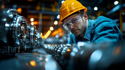 A worker in safety gear examines high-tech machinery in a petrochemical refinery. The facility features advanced automation systems used for chemical processing and synthesis.