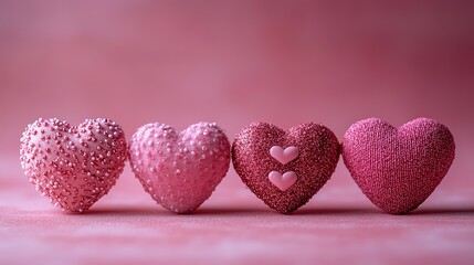 Fototapeta premium Five pink hearts, arranged in a row on a pink background, simply and effectively represent love, affection, and Valentine's Day.
