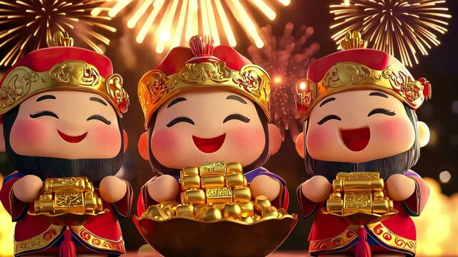 Three Fortune Gods with Gold Ingots Celebrating Lunar New Year with Fireworks