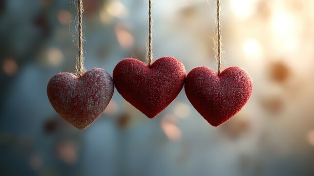 Five red hearts of varying sizes, hanging on strings against a light background, create a romantic Valentine's Day or love declaration atmosphere.