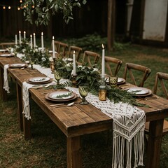 rustic wooden table setting with green greenery and macrame table runner for wedding or special occasion dinner