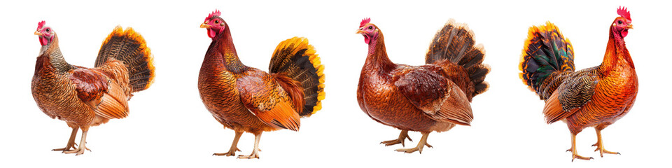 Fototapeta premium Vibrant and colorful roosters and hens perched in a rustic rural farm setting These domestic poultry birds showcase their beautiful and intricate plumage patterns crests wattles