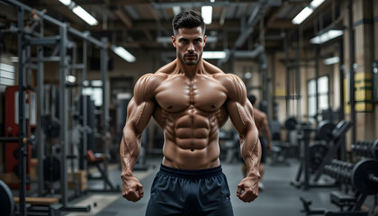 Man Shows Off Muscular Physique in Gym Setting Posing Confidently