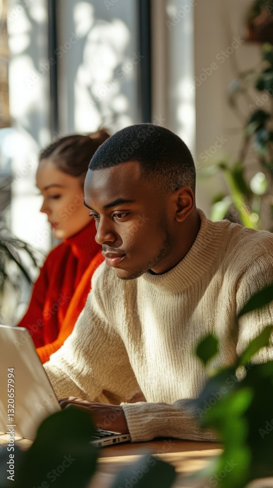Poster young man engaged in focused work at a minimalist workspace during daylight hours with greenery in t