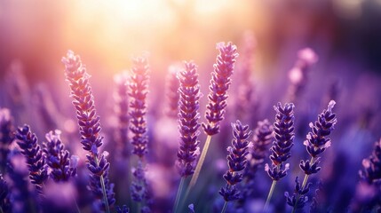 Fototapeta premium a close-up of vibrant lavender flowers bathed in the warm glow of the sun, showcasing their delicate beauty and captivating fragrance. The image evokes feelings of peace and serenity