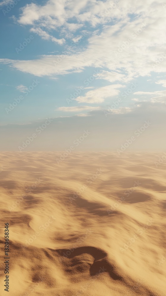 Poster golden desert landscape with rolling dunes and expansive sky under soft sunlight in a tranquil atmos