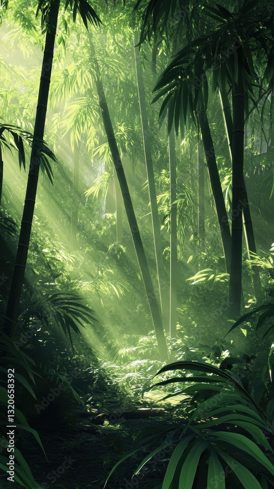 Poster Lush bamboo forest illuminated by gentle sunlight rays in a tranquil setting