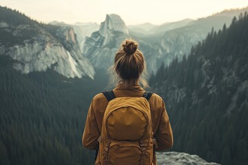 young woman hiking in yosemite national park standing on rocky ledge overlooking vast valley of towering pine trees