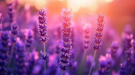 Fototapeta premium a close-up of a field of purple lavender flowers with soft sunlight in the background, evokes a sense of peace and tranquility