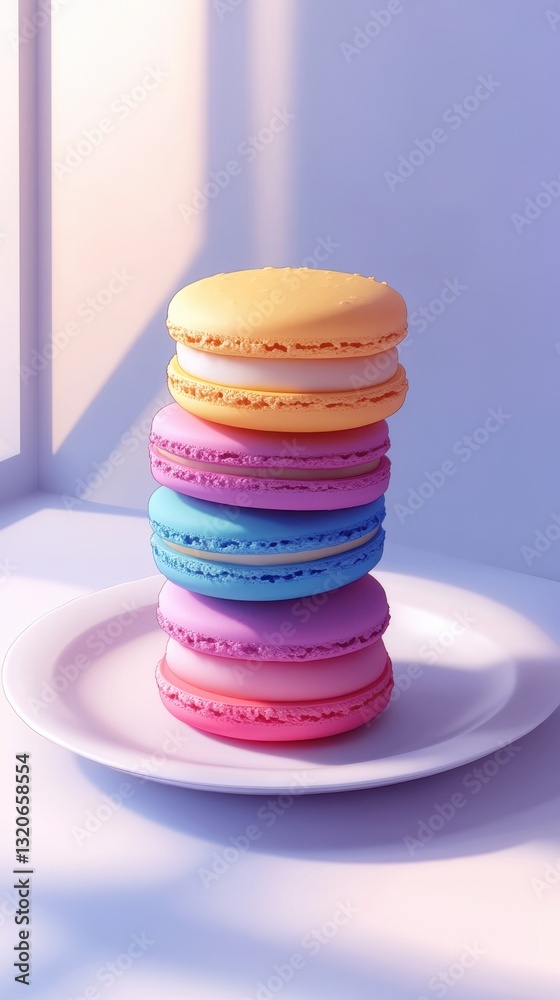 Aufkleber brightly colored macarons stacked neatly on a plate by a window in a sunlit room, showcasing their a