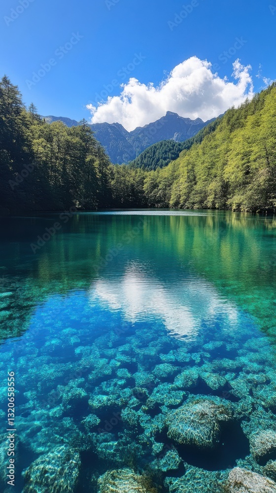 Poster Crystal-clear lake reflecting mountains and trees under a blue sky with fluffy clouds in a pristine natural setting