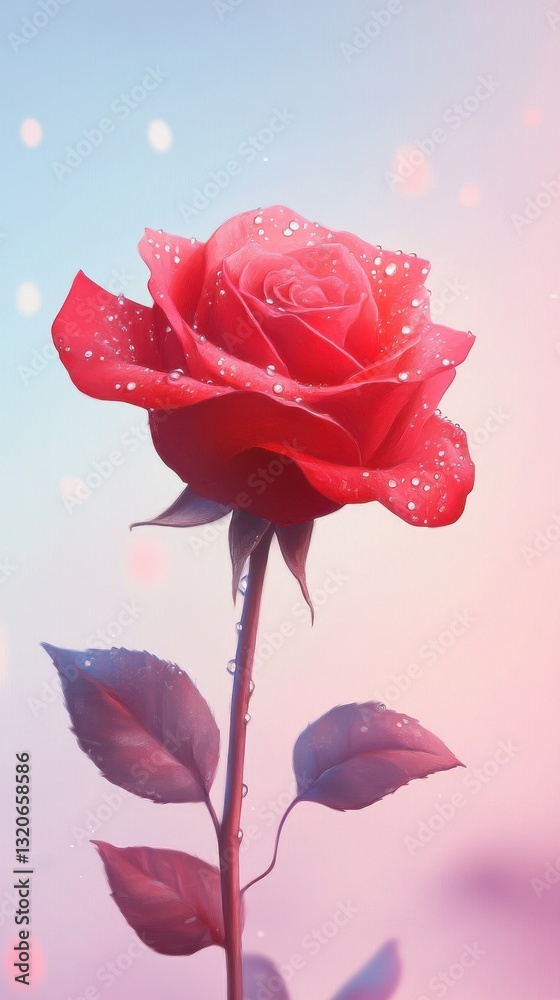 Poster close-up view of a single red rose adorned with water droplets against a soft pastel background