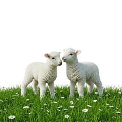 Obraz premium two cute white lambs standing in a field of green grass and white daisies