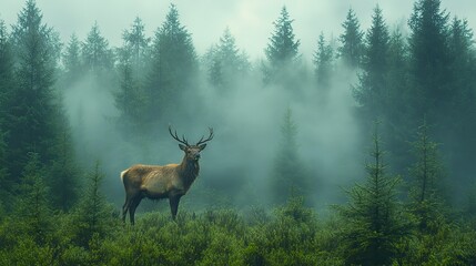 Fog covers a green forest at sunrise, a mystical scene.